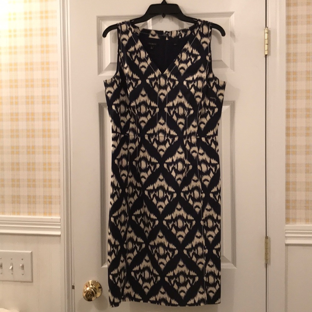 Talbots sleeveless, lined, black/tan dress.